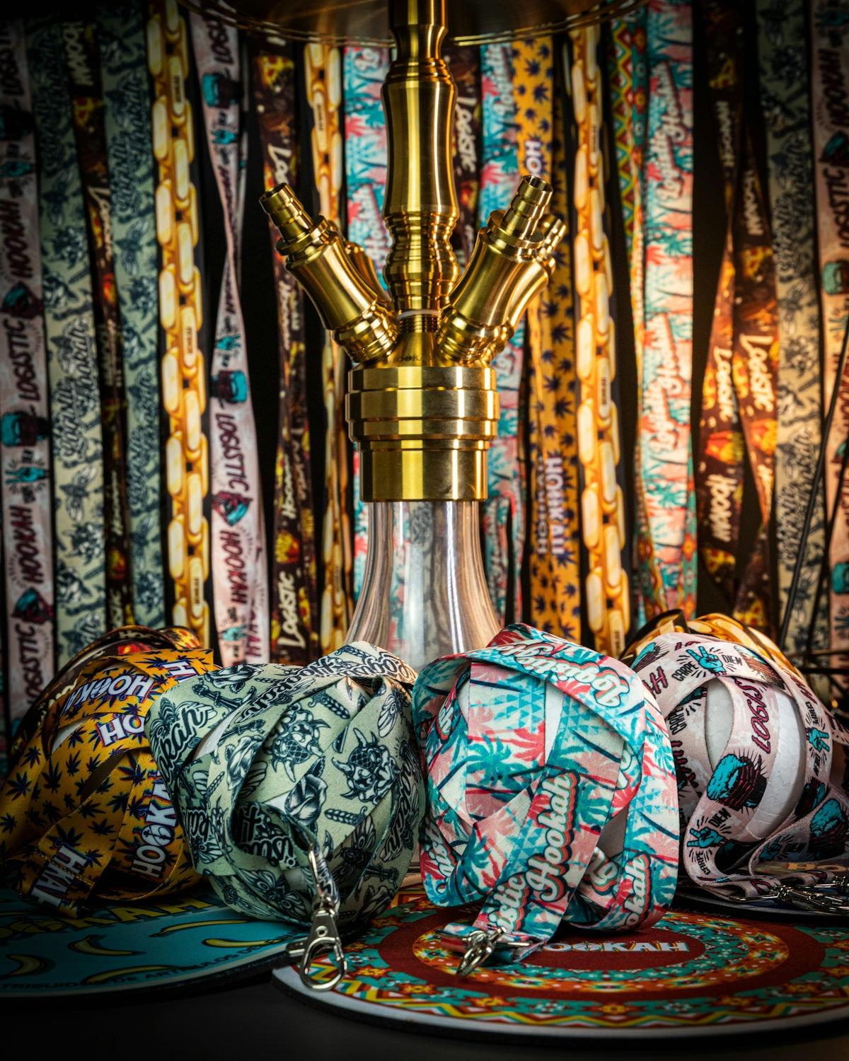 a lamp and vases on a table