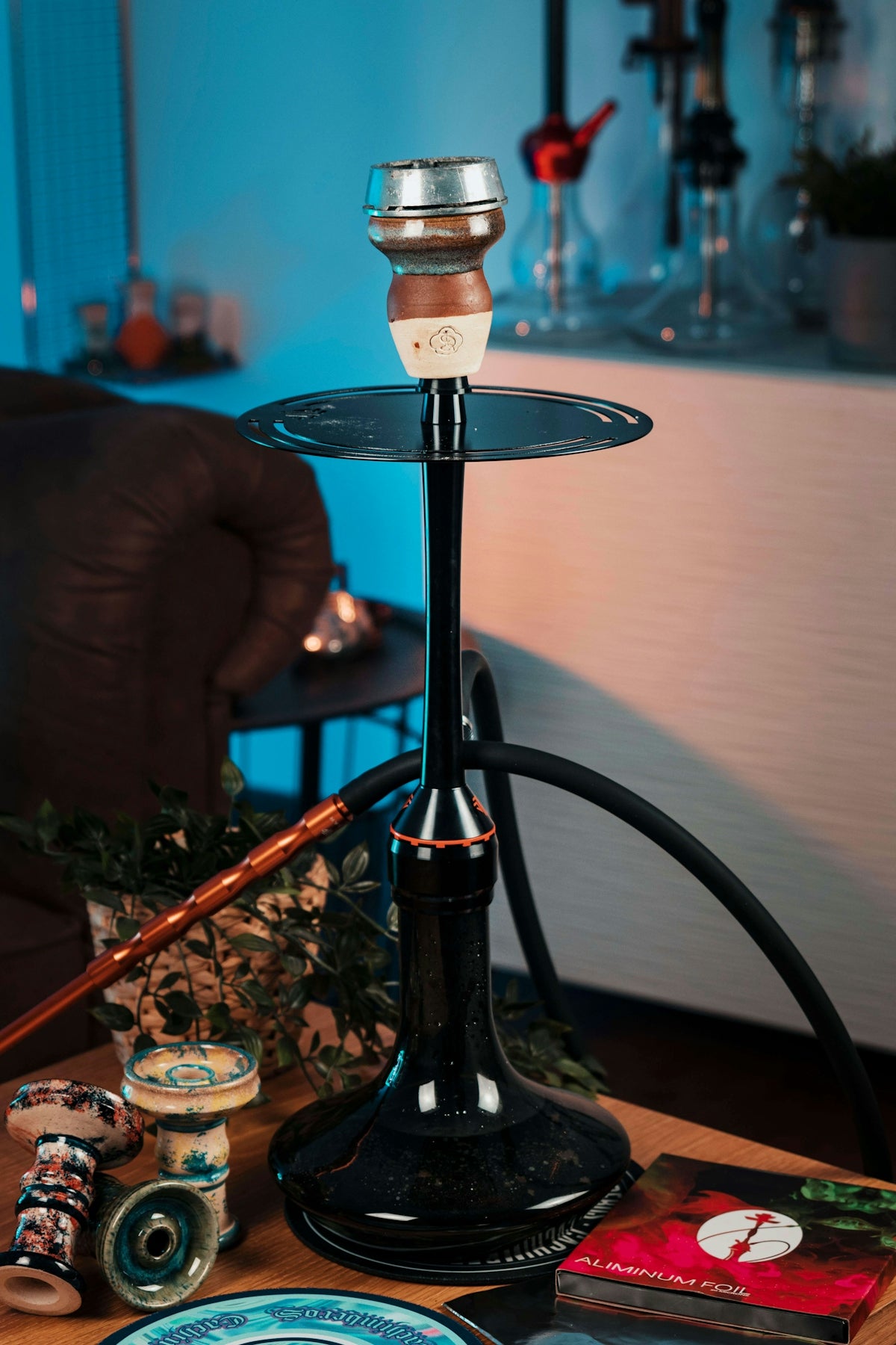 a table with a candle holder on top of it