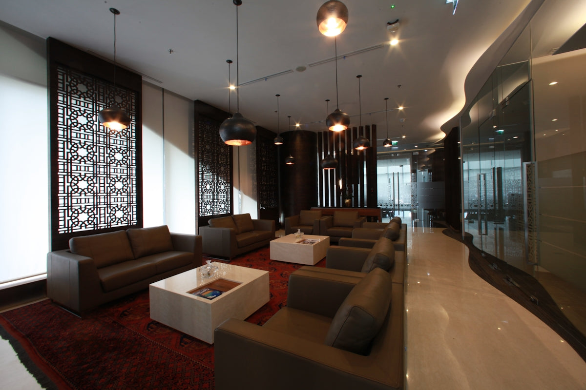 A modern and elegant lounge with inviting seating.